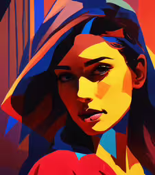 an abstract painting of a woman wearing a red shirt,a portrait of a woman with a hat painted on it