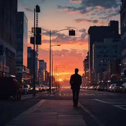 a man is walking down the sidewalk by himself