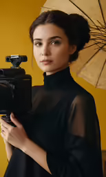 a woman in a black dress is holding an umbrella