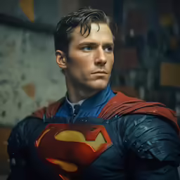 superman man in a black and red suit and blue cape