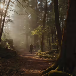 man standing alone in a forest at sunset