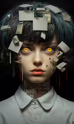 an artwork depicting a person with yellow eyes