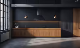 a kitchen has wooden cabinets and black walls
