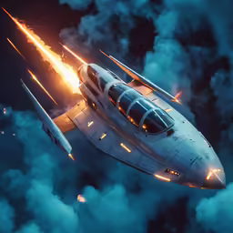 an old, futuristic passenger jet flying through space