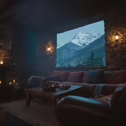 a room with some furniture and lights on