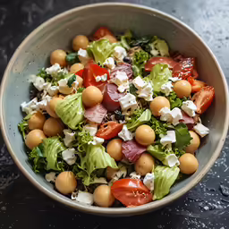 a large bowl filled with lots of vegetables and chick peas