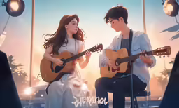 a girl and a boy are playing guitars in front of a stage set