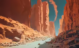 rock formations rise above a narrow river running between two canyons