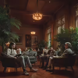 three people sitting in chairs and talking to each other