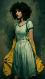 a young woman dressed in green is posed