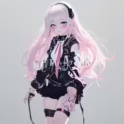 a woman with pink hair and black clothes holding a cat in her hand