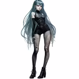 a woman dressed in black posing with a pair of stockings