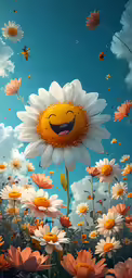 a giant sunflower in a field with some flowers surrounding it