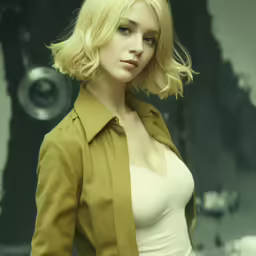 a blond woman with short hair standing and staring at the camera