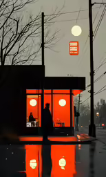 a small cafe with bright orange windows and people walking by