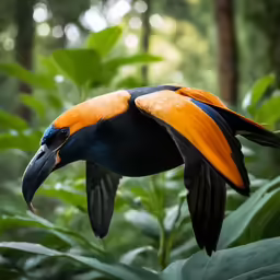 a bird is flying through some bushes and trees