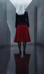 woman in red dress with hood up standing in room