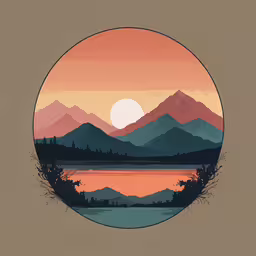 a round painting with the sun setting in a mountain landscape,a sunset with mountains, a lake and trees