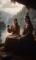 two women on the dock, sitting and drinking coffee