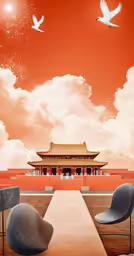 this is a beautiful view of a palace with two birds in the sky