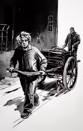 a man pulling a cart with a passenger on it