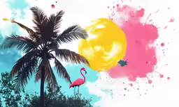 a painting shows a pink flamingo and yellow balloon, with blue sky background