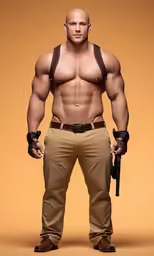 the man is holding a gun posing for a picture