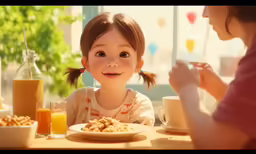 a young child eating breakfast while seated at the table