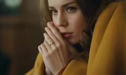 a woman in a mustard colored cloth and gold bracelets