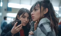 two young women looking at their cellphones