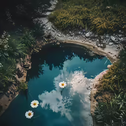 some daisies in water by some rocks