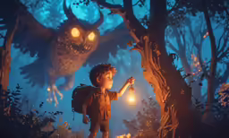 a child in a forest with an owl lantern