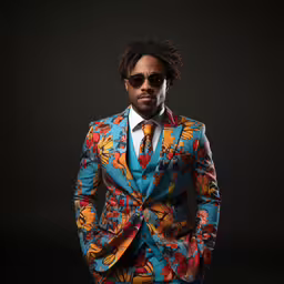 a man wearing a tie, jacket, and sunglasses,a man with a flower suit and sunglasses standing