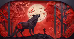 a wolf and a man look at a full moon in a red forest
