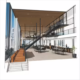 an open lobby with tables and chairs and a staircase