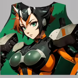 a futuristic woman is posing with two large guns