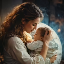 the young girl holds her baby while looking down at a stone statue