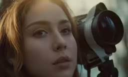 a woman looks through the binoculars while holding a video camera