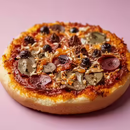 pizza pie with various toppings sitting on table