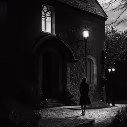a person walking down a path at night, in front of a building