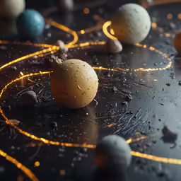 several different sized planets on a shiny surface