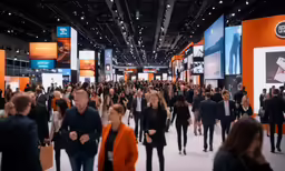 a crowd of people are walking around a convention