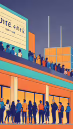 a group of people standing in front of a building,a painting of people waiting at a ticket counter