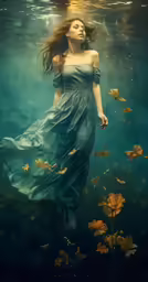 a young woman wearing a blue dress is swimming in the water