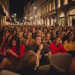 a group of people are sitting outside, some in red and others in yellow, while the rest of the crowd is out