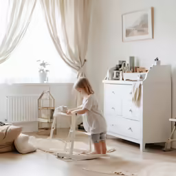 a child standing on a rocking toy in front of a window