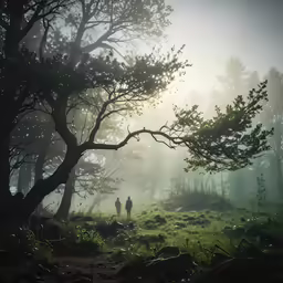 two people walking through the woods in the fog