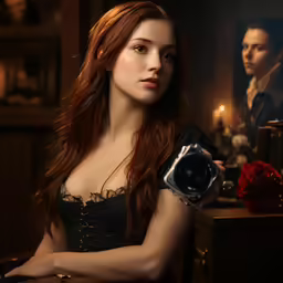 a girl in a dress holding a camera near a portrait