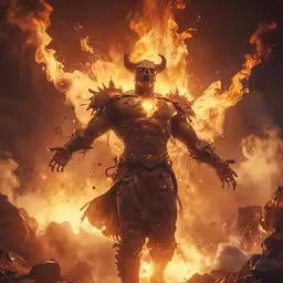 a person in armor surrounded by flames
