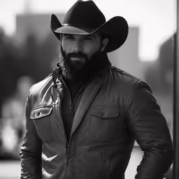 man with beard in jacket and cowboy hat on street corner